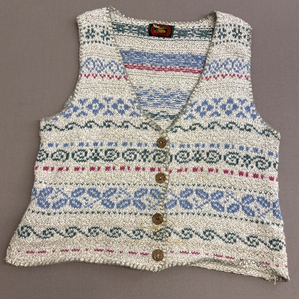 Vintage Alps Fine Womens Apparel Fair Isle Knit Cotton Sweater Vest Cream Blue M